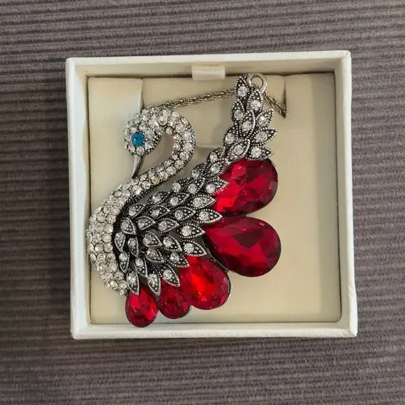 Silver Swan Pendant Necklace with Red Crystal Accents - Picture 3 of 8
